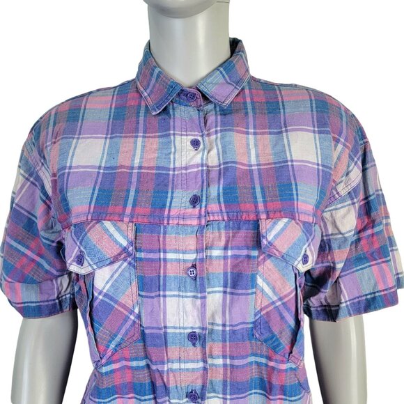 Vintage 80s Plaid Shirt Women Large Blue Pink Short Sleeve Collar Top 12 Summer - Picture 1 of 16